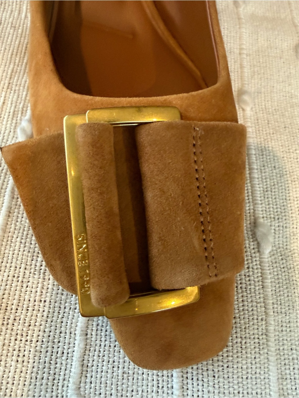 Franco Sarto Tan Suede Loafer with Gold Buckle